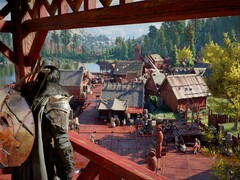 Kliff, protagonista do Crimson Desert, olhando para uma cidade.