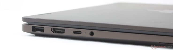 À esquerda: USB-A (10 Gbps), HDMI 2.1, USB-C 3.2 Gen. 2 (40 Gbps) com DisplayPort 2.1 + Power Delivery 3.1, entrada de 3,5 mm para fones de ouvido