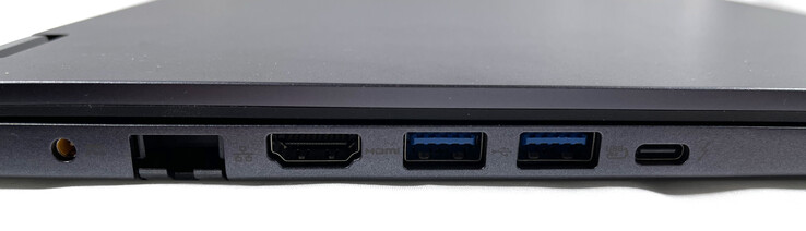 Esquerda: Porta de carregamento, porta Gigabit Ethernet dobrável, HDMI 2.0, 2x USB 3.2 Gen. 2, USB-C Thunderbolt 4 (com DisplayPort &amp; Power Delivery)