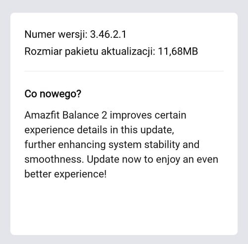 As notas de lançamento do firmware 3.46.0.1 do smartwatch Amazfit Balance 2