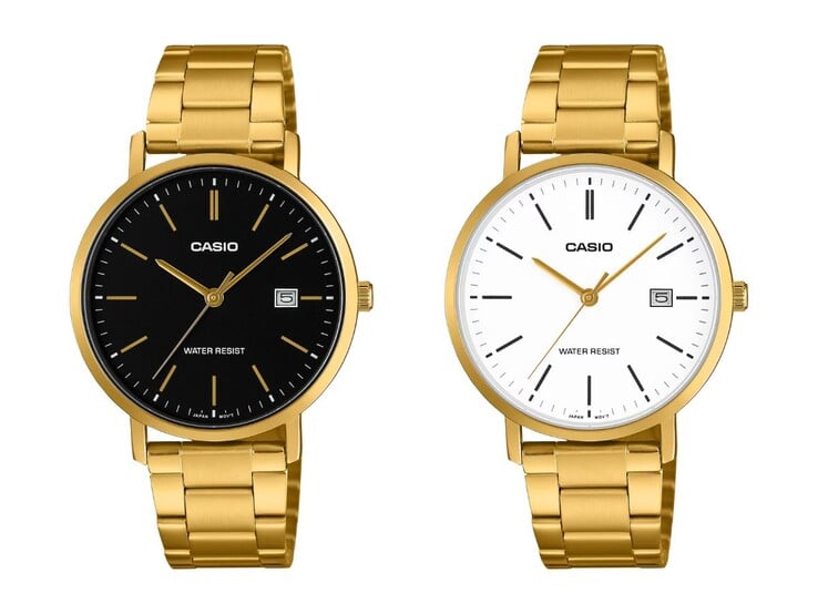 Da esquerda para a direita: os relógios Casio MTP-VT05G-1E e MTP-VT05G-7E