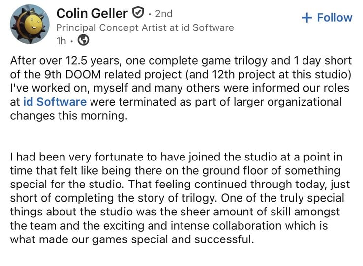 Colin Geller, o responsável pela definição da direção artística do Doom moderno, também foi demitido