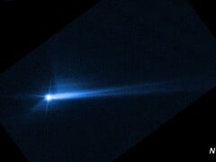 Imagem mostrando os detritos lançados da superfície de Dimorpho após o impacto intencional da espaçonave DART da NASA (Fonte da imagem: NASA, ESA, STScI e Hubble; cortada)