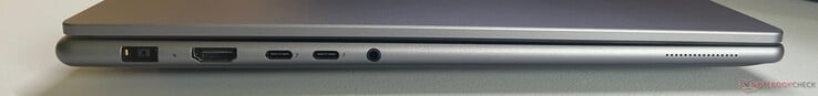 Esquerda: Entrada DC, saída HDMI 2.1, 2x Thunderbolt 4, conector de áudio combo de 3,5 mm