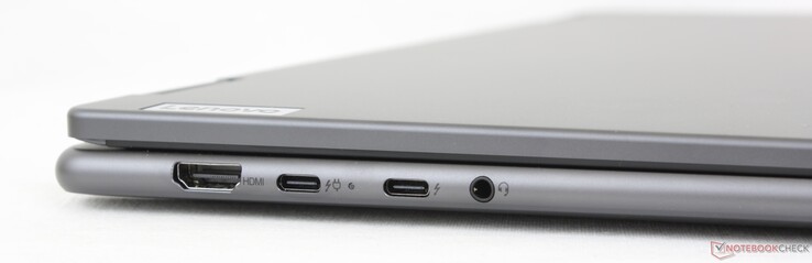 Esquerda: HDMI 1.4b, 2x USB-C 3.2 com Thunderbolt 4 + DisplayPort + Power Delivery, fone de ouvido de 3,5 mm
