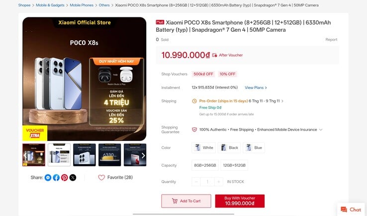 A listagem do Poco X8s tal como apareceu na loja oficial da Xiaomi na Shopee no Vietnã