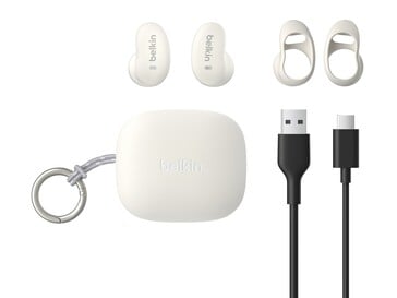 Conteúdo da caixa dos fones de ouvido SoundForm Anywhere. (Fonte da imagem: Belkin)