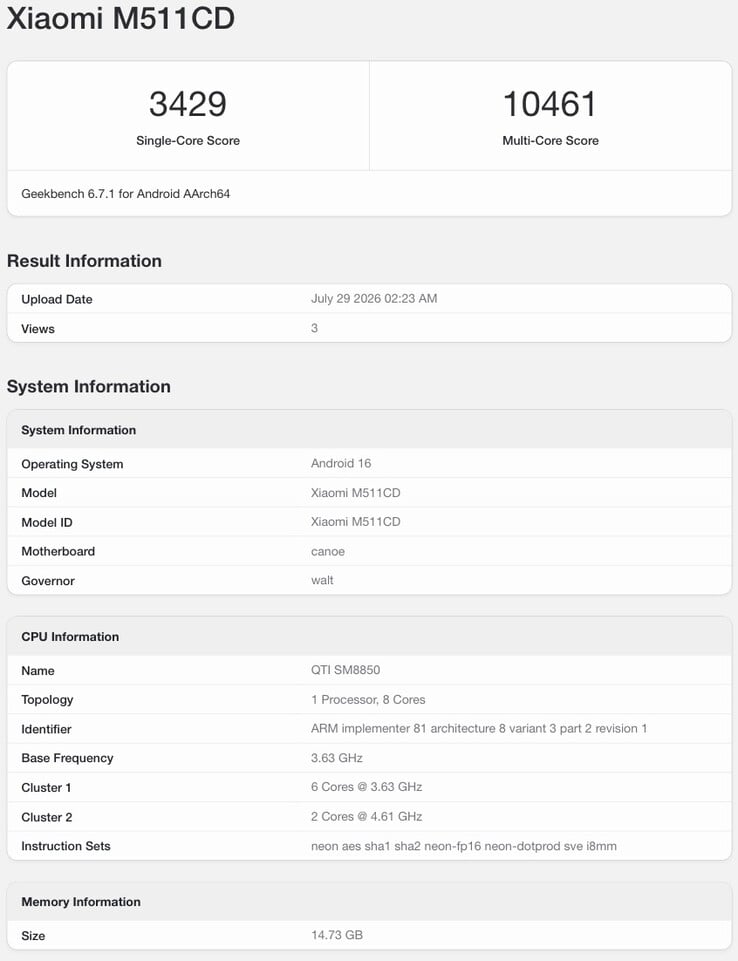 Listagem no Geekbench do suposto Redmi K100 Pro.