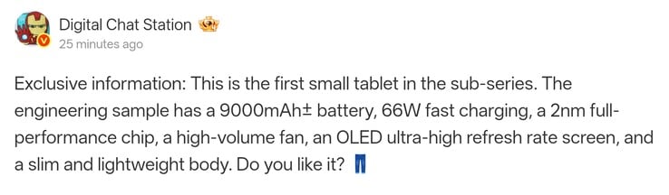 Postagem da Digital Chat Station no Weibo detalhando as especificações do tablet compacto