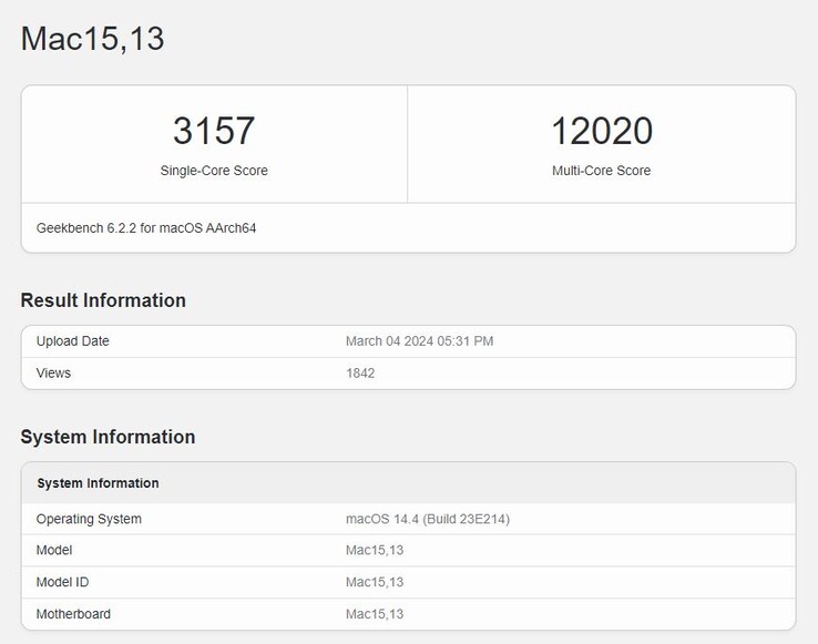 Pontuações de benchmark do Geekbench 6 do MacBook Air com tecnologia M3. (Fonte: Geekbench)