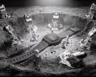 Relógio digital Casio x GRAGG LW-204GRAGG-1BDF exposto em um suporte escultural prateado, rodeado por astronautas em miniatura e objetos inspirados em metal fundido.