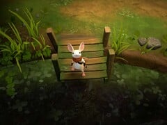 Quill descansa em uma ponte de madeira em Moss: The Forgotten Relic.
