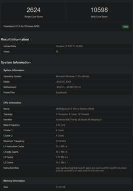 Listagem do Geekbench do Ryzen AI 7 450 (fonte da imagem: Geekbench)