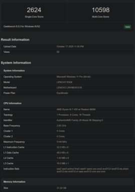 Listagem do Geekbench do Ryzen AI 7 450 (fonte da imagem: Geekbench)