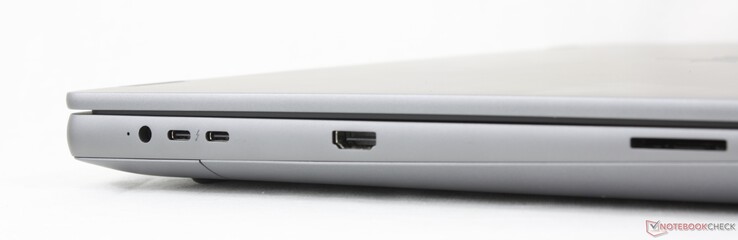 Esquerda: Adaptador CA, 2x USB-C Thunderbolt 5 com DisplayPort 2.1 + Power Delivery (80 Gbps), HDMI 2.1, leitor de cartão SD