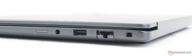 Certo: slot para Nano-SIM (opcional), entrada para fone de ouvido de 3,5 mm, USB-A 3.2 Gen. 1 (5 Gbps), RJ-45 (1 Gbps), Noble lock