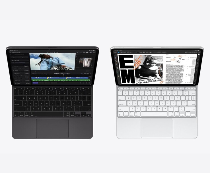Apple modelos do iPad Pro M5 em preto espacial e prata com Magic Keyboard, mostrando aplicativos de edição de vídeo e documentos na tela OLED Ultra Retina XDR (Fonte da imagem: Apple)