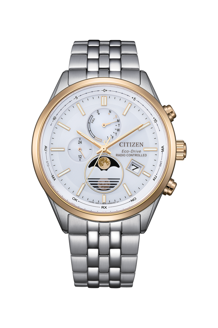 Relógio Citizen BY1034-59A Eco-Drive com fase lunar, com mostrador branco e pulseira de aço inoxidável em dois tons.
