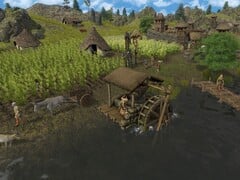 Uma imagem mostrando vários personagens em Dawn of Man.