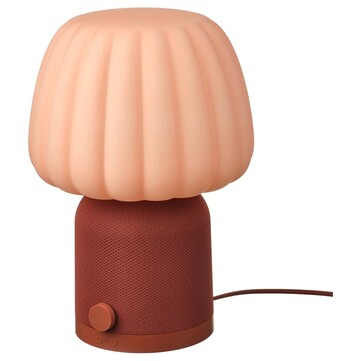 A luminária com alto-falante Bluetooth Kulglass em marrom-avermelhado com rosa (Fonte da imagem: IKEA)