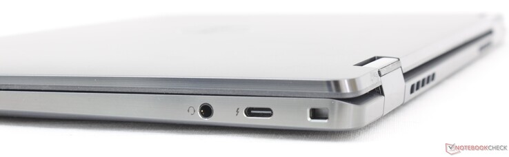 Direita: fone de ouvido de 3,5 mm, USB-C 3.2 com Thunderbolt 4 + Power Delivery + DisplayPort, trava Wedge