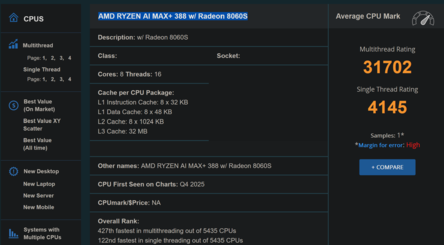Pontuação do Ryzen AI Max+ 388 no PassMark (fonte da imagem: PassMark)