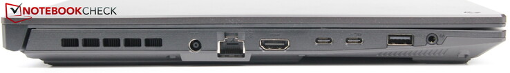 Esquerda: Alimentação, LAN, HDMI 2.0b, Thunderbolt 4, USB-C 3.2 Gen 2, USB-A 3.0, conector de áudio