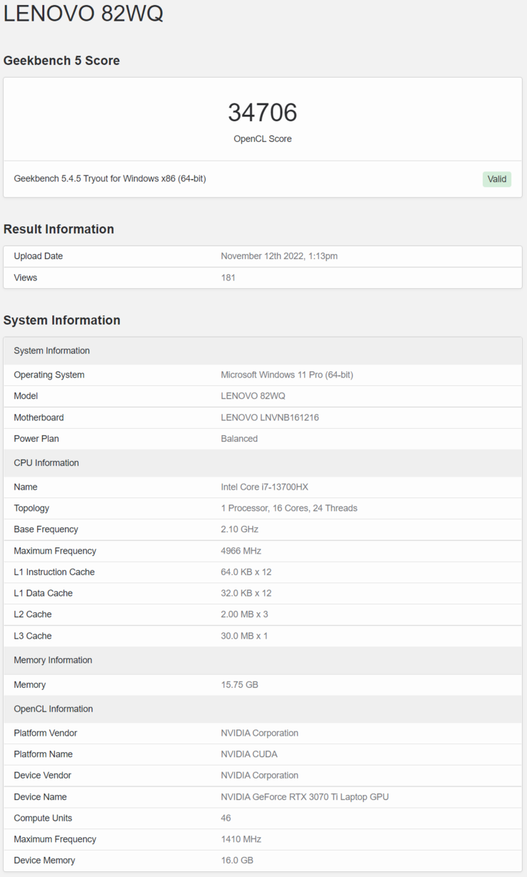 Intel Raptor Lake Core i7-13700HX na Lenovo IdeaPad 330 no Geekbench. (Fonte: Geekbench)