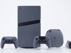 Edição limitada do console PlayStation 5 Pro 30th Anniversary em cinza retrô com dois controles DualSense combinando, um estojo de transporte e uma base de carregamento de controles. (Fonte da imagem: Sony Interactive Entertainment)