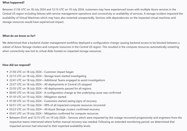 Linha do tempo da interrupção do MS Central US Azure causada por uma alteração de configuração incorreta. (Fonte da imagem: Microsoft)