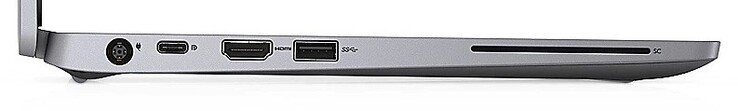 Lado esquerdo: Fonte de alimentação, 1x USB 3.1 Gen 1 Tipo C, HDMI, 1x USB 3.1 Gen 1 Tipo A, leitor de cartão inteligente