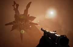 Teaser da oferta da Icarus Steam mostrando o personagem principal mirando em uma minhoca gigante. 