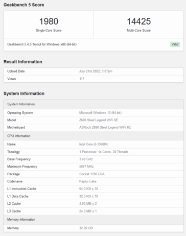 Listagem Intel Core i5-13600K Geekbench (imagem via Geekbench)