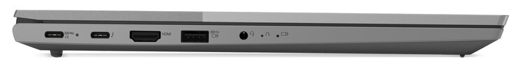 Lado esquerdo: 1x USB-C 3.2 Gen2 (incl. DisplayPort e PD), 1x Thunderbolt 4, HDMI 1.4, 1x USB-A 3.0 Gen1, porta de áudio combinada