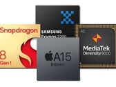 O Samsung Exynos 2200 está supostamente lutando para acompanhar a concorrência. (Fonte de imagem: Qualcomm/Samsung/Apple/MediaTek - editado)