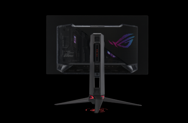 Design traseiro do ROG Swift OLED PG27AQDPR e suporte compatível com tripé