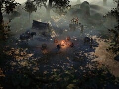 Uma imagem mostrando um acampamento e mercenários em Wartales.