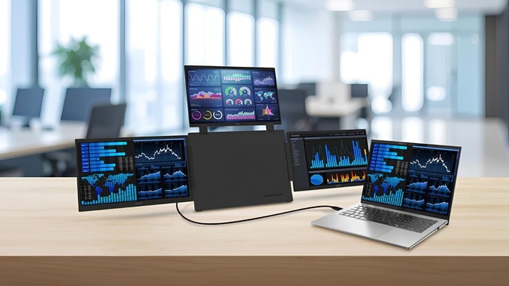 A imagem mostra o monitor portátil Acer PD163Q conectado a um laptop no modo de extensão de tela