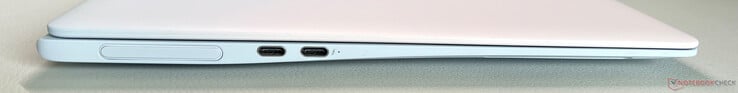 Lado esquerdo: Webcam, USB-C 3.2 Gen.2 (10 Gbps, modo DisplayPort-ALT, fornecimento de energia), USB-C 4.0 com Thunderbolt 4 (40 Gbps, modo DisplayPort-ALT, fornecimento de energia)