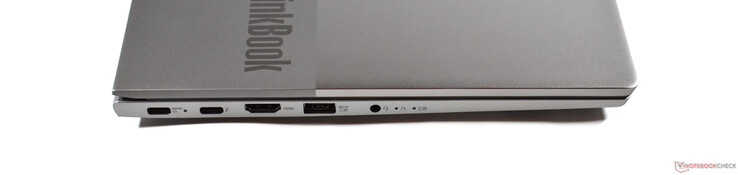 Esquerda: USB-C 3.2 Gen 2, Thunderbolt 4, HDMI 2.0, USB-A 3.0, conector de áudio de 3.5 mm