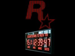Logotipo da Rockstar Games com relógio em contagem regressiva para a data de lançamento do GTA 6