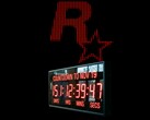 Logotipo da Rockstar Games com relógio em contagem regressiva para a data de lançamento do GTA 6