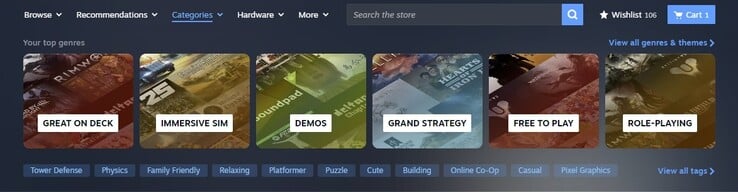 A nova aba "Categorias" é adaptada ao comportamento do usuário dos jogadores. (Fonte da imagem: Steam)