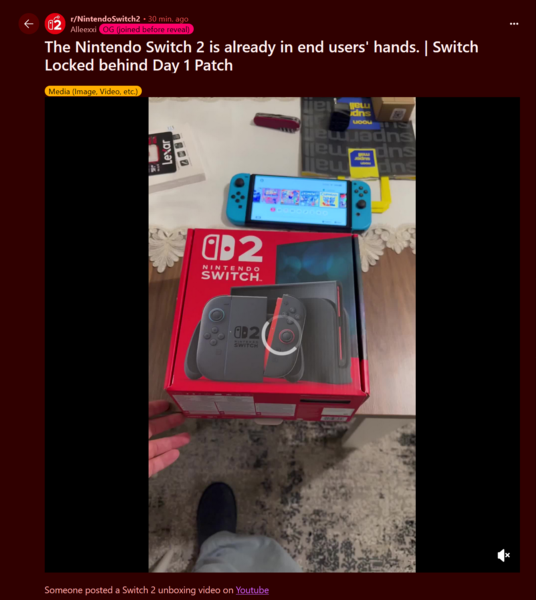 Vídeo de unboxing do Nintendo Switch 2 postado no Reddit (Fonte da imagem: Nintendo Switch 2 subreddit)