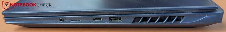 Direito: USB-A 3.2 Gen 2, USB-C com Thunderbolt 4 (PD 3.0, DP 1.4, USB 4), leitor de cartão micro SD, entrada para fone de ouvido
