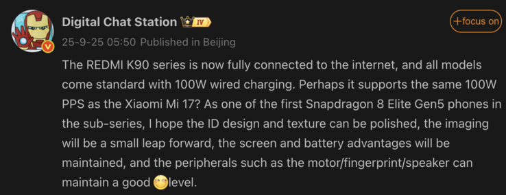 Informações vazadas da série Redmi K90. (Fonte da imagem: Weibo - tradução automática)