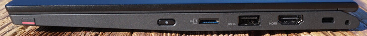 Certo: ThinkPad Pen Pro, botão de alimentação, microSD, USB-A (10 Gbps), HDMI 2.0, Kensington Lock