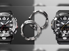 Uma imagem promocional dos dois novos relógios Casio G-Shock Mudmaster com os bezels no meio.
