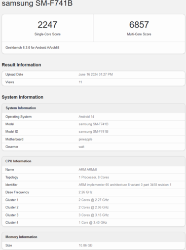 Samsung Galaxy Z Flip6 Geekbench listing with 12 GB RAM (imagem via Geekbench)