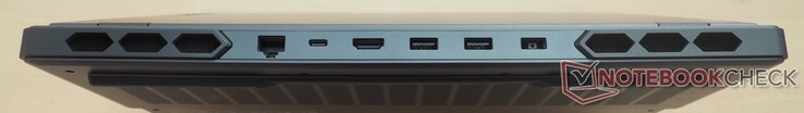 Atrás: RJ-45 LAN, USB 3.2 Gen2 Tipo C (incl. DisplayPort 1.4 &amp; 140 W Fornecimento de energia), HDMI 2.1, 2x USB 3.2 Gen1 Tipo A, DC-in